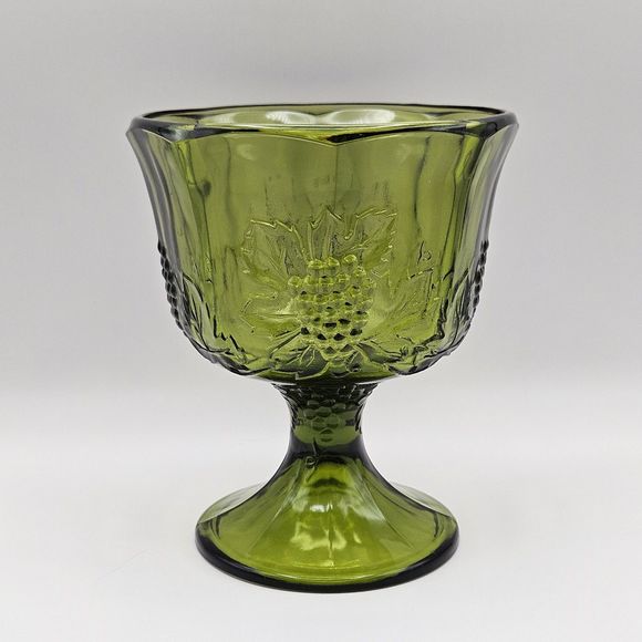 Indiana Glass Green Compote Pedestal Fruit Bowl Harvest Grape Pattern Vintage - Picture 1 of 11